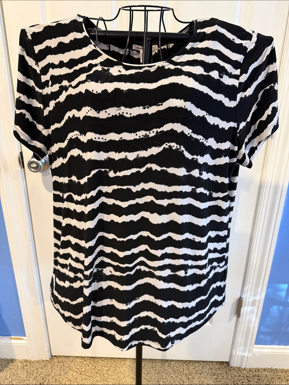 Allison Daley Black White Wave Stripe Short-Sleeve Top Blouse Beads Stretchy XL